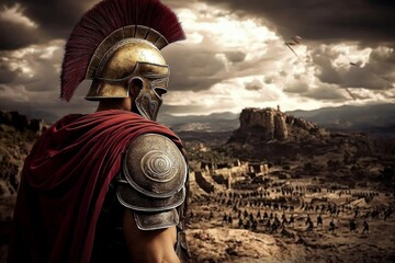 Majestic scenery highlighting a warrior in combat attire.