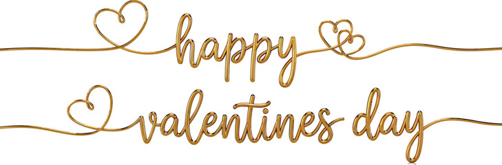 Fototapeta premium Happy Valentines Day Golden Wire Script with Hearts on Reflective White Background