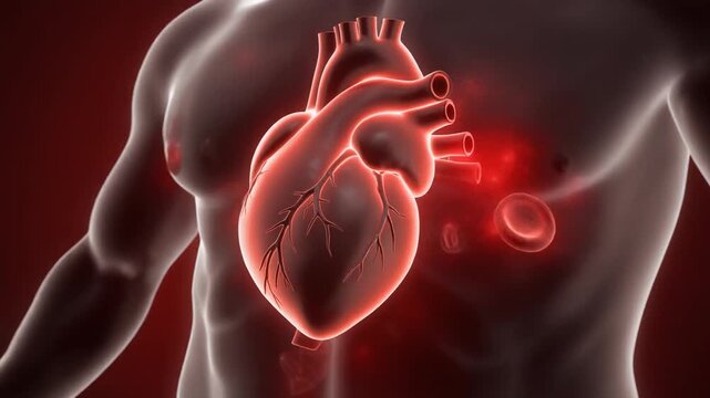 Digital illustration of human torso highlighting cardiovascular system, glowing red heart at center, surrounding blood vessels and red blood cells, dark background emphasizing anatomy and circulation.