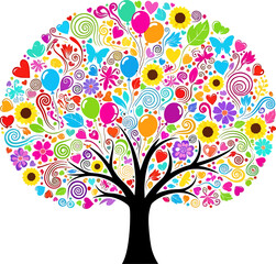 Vibrant Tree of Life Illustration with Colorful Flowers, Hearts, Balloons, and Swirls