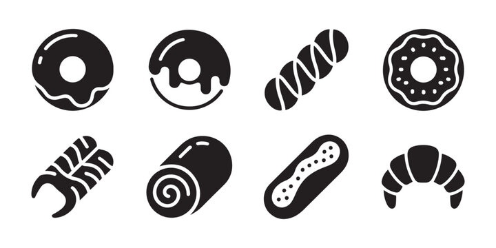 Bakery Pastries and Sweet Dessert Icons Set. Modern Glyph Vector Illustrations for Cafe and Breakfast Menus.
