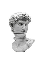 Hyperrealistic 3d render of a classical marble bust, sliced into floating layers with a prominent glitch art effect, isolated on a transparent background. concept of digital disruption