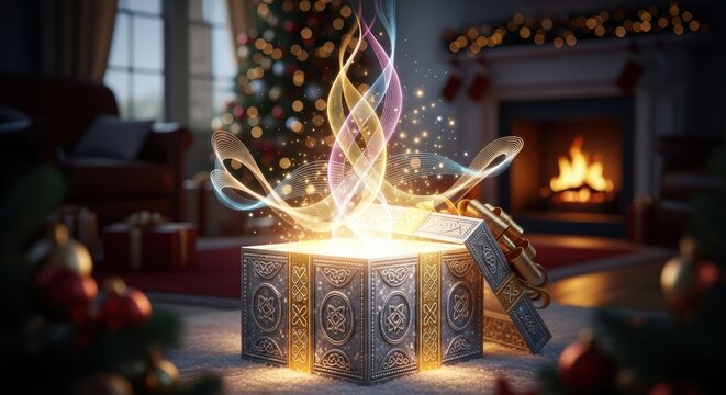 A magical, glowing, open treasure chest with a Christmas tree and fireplace in the background.