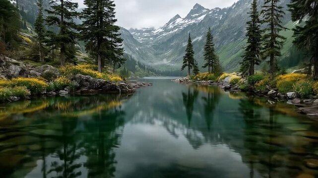 Mountain lake landscape with pine trees and clear water reflection