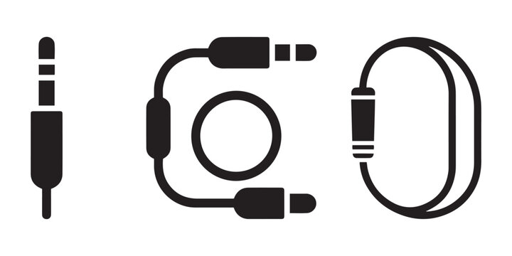 Audio Jack and Cable Connector Icons Set. with Splitter for Electronic Devices and Sound Systems.
