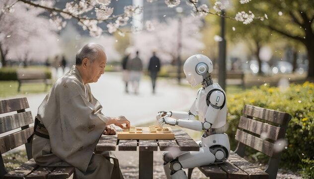 Elderly man in kimono playing shogi with an AI robot under cherry blossoms