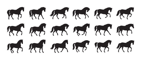 Fototapeta premium Graceful Trotting Horse Silhouettes Creating a Dynamic Repeating Pattern on a Pure White Canvas.