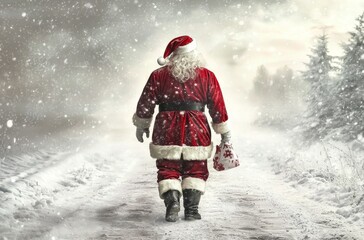 Santa Claus strolls through a snowy landscape.