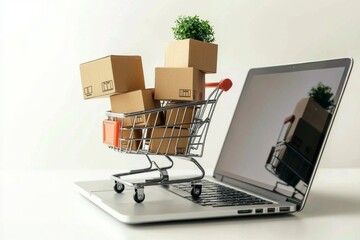 Shopping cart filled with cardboard boxes and a laptop on a white background. 
