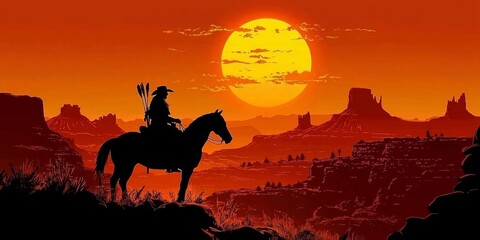 Majestic Sunset Over a Wild West Landscape with Indian Chief