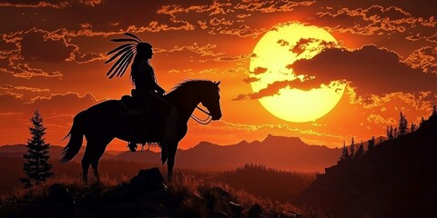 Silhouette of an Indian Chief Riding a Horseback at Sunset