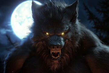 Eerie atmosphere with a werewolf illuminated by moonlight.