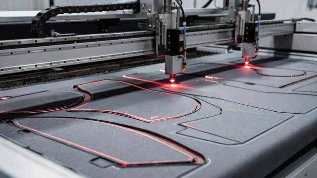Medium shot capturing technical twill fabric under laser cutting machines emphasizing the advanced automation and exact shaping of textile pieces for highperformance apparel.