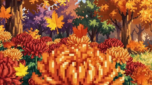 Vibrant Autumnal Forest Scene with Pixel Art Flowers and Foliage.