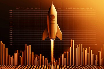 Eye-Catching Orange Background with Rocket Ship and Bar Chart 