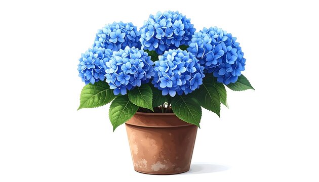 Vibrant blue hydrangea blooms in a clay pot on white background