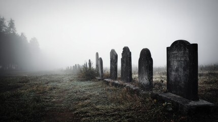 A misty, foggy graveyard with old, weathered gravestones and a path leading through the grassy field.