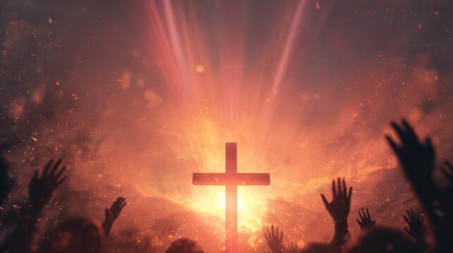 A cross with rays of light shining through it, with hands raised in the background.