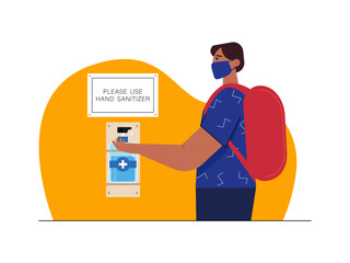 A man is using a wall-mounted hand sanitizer dispenser to maintain cleanliness and prevent the spread of germs. Omicron illustration. Flat vector illustration concept.
