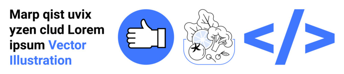 Obraz premium Social media, online communication, coding, software development, creativity, mental processes. Thumbs up, brain illustration and coding brackets in a clean layout. Social media and coding