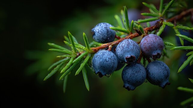 A branch of juniper berries with water droplets on them, set against a dark green background.