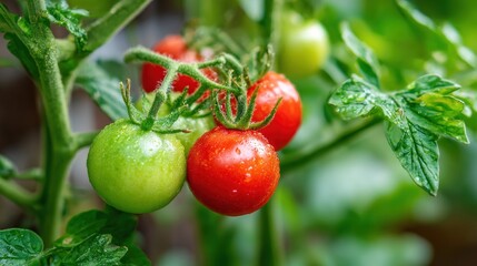 Obraz premium Green and red tomatoes on a vine with water droplets.