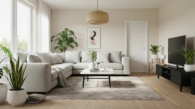 A modern living room setup features a sectional sofa area rug and plants