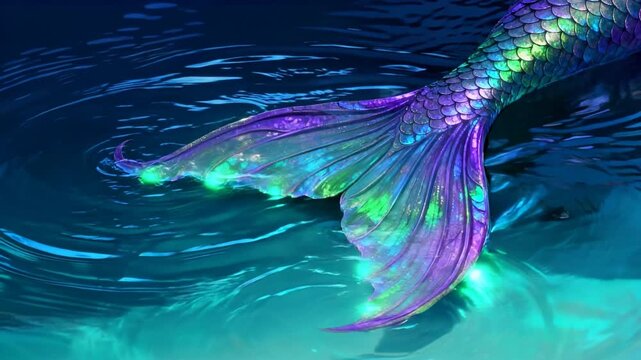 Close up of a magical, iridescent mermaid tail swishing gently in the deep blue ocean surface.