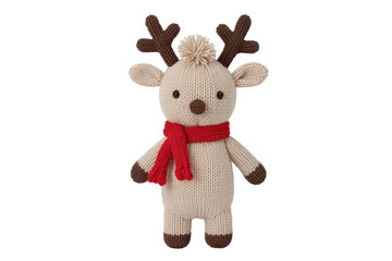 Knitted toy reindeer with red scarf and brown antlers standing on white background
