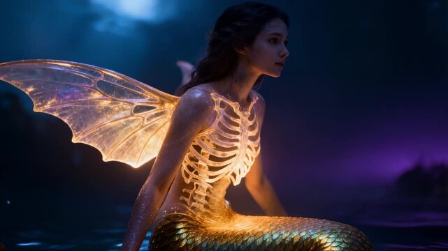 A stunning fantasy creature resembling a mermaid and fairy hybrid sits on the edge of dark water at night.