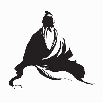 Great Ancient Chinese Tao Philosopher Meditation Silhouette Vector On White Background