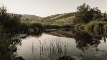 Serene waters reflect the tranquil landscape of rolling hills and lush greenery.