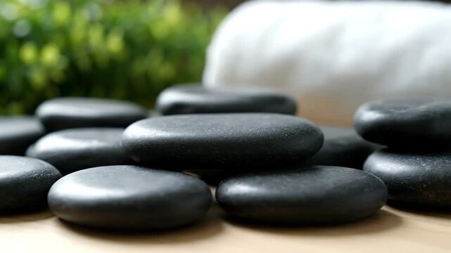 A serene spa concept featuring a balanced stack of zen stones and a towel beside bamboo, symbolizing harmony and health through a meditation rock pyramid on white
