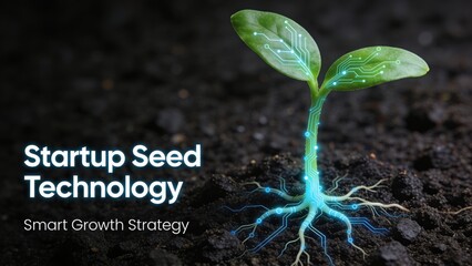 startup seed technology growth nature concept. Seedling with digital circuit roots representing startup growth and technology.