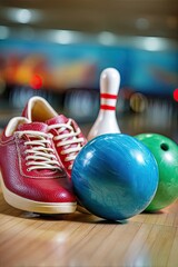 Close-up of bowling ball, pin, and shoes on wooden lane