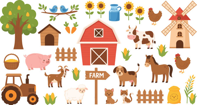 Flat vector illustration set of cute farm animals including cow horse pig sheep goat dog cat chicken and barn windmill tractor for countryside.