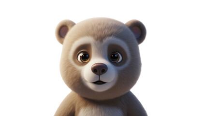 Cute fluffy brown cartoon bear character with big eyes looking forward, 3D render isolated on white