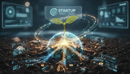 startup seed technology growth nature concept. Digital seedling growing from tech circuits symbolizing startup innovation.