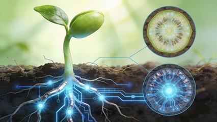 startup seed technology growth nature concept. Seedling with circuit-like roots illustrating technology and nature integration.
