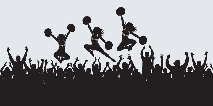 Silhouette of cheerleaders jumping with pom-poms above a cheering crowd at a sporting event or celebration.