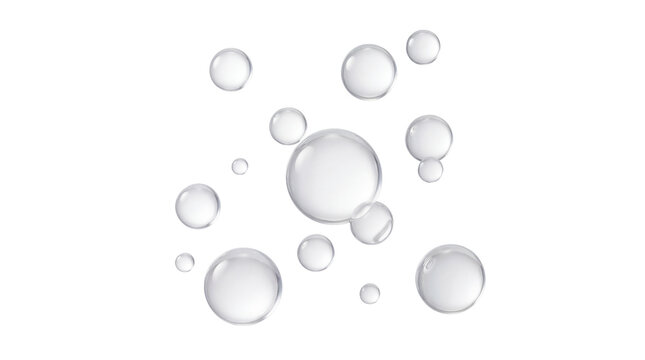 Clear transparent soap bubbles or water drops of various sizes floating in air, isolated on white background for cosmetic or cleaning product design