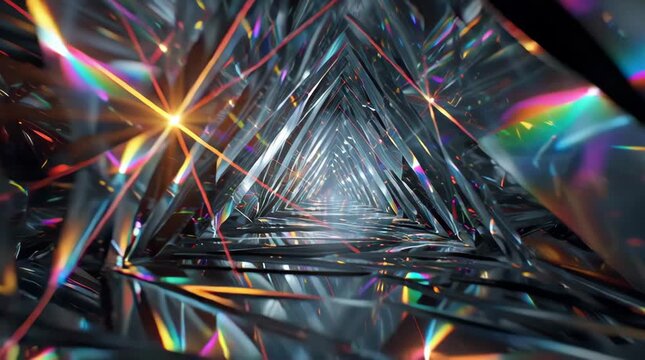 Abstract Crystal Tunnel Video with Sharp Reflective Edges and Light Rays