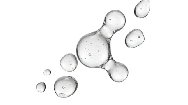 Clear viscous liquid drops forming connected bubbles, transparent gel texture, serum or oil, isolated on white