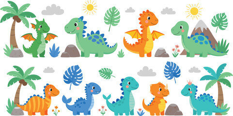 Fototapeta premium Flat vector illustration set of cute baby dinosaurs with palm trees mountains sun clouds monstera leaves and flowers for kids nursery wall decoration.