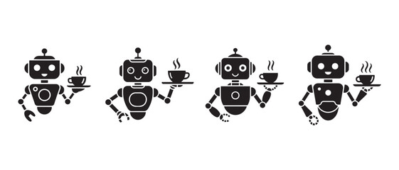 Fototapeta premium Friendly Robots Serving Coffee Cups with Steam Set of Four Icons, Technology, Service, and Hospitality.
