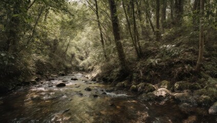 Obraz premium Tranquil Forest Stream - A Serene Landscape of Natures Beauty.
