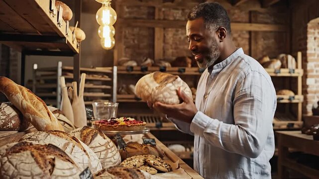 A proud and skilled African American baker meticulously inspects and savors the aroma of his freshly baked artisanal sourdough bread in a warm, rustic traditional bakery, showcasing dedication to his.
