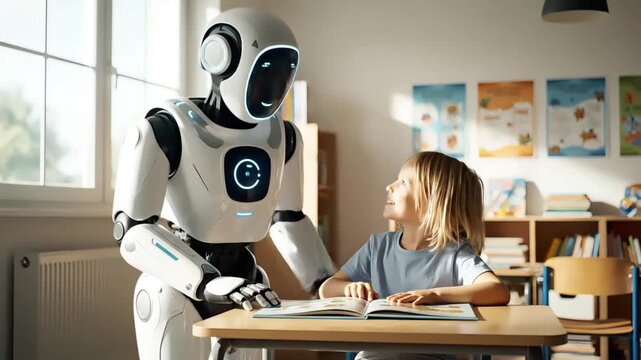 A humanoid robot assisting a young girl with schoolwork at a desk in a classroom with educational posters on the wall and a window with natural light.
