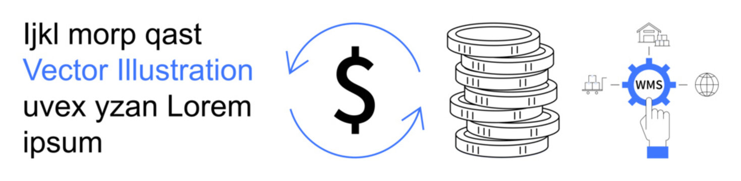 Business management, e-commerce, warehouse automation, supply chain logistics, financial operations, digital transformation. Dollar sign, coin pile and a WMS gear icon. Financial operations
