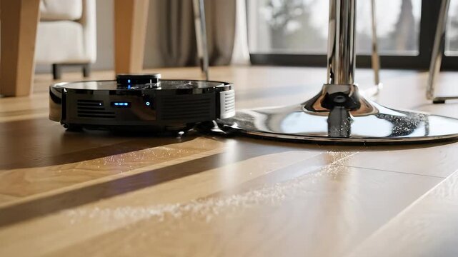 An advanced robotic vacuum cleaner efficiently glides across a polished wooden floor, meticulously cleaning the modern living space, showcasing smart home automation and effortless domestic maintenan.